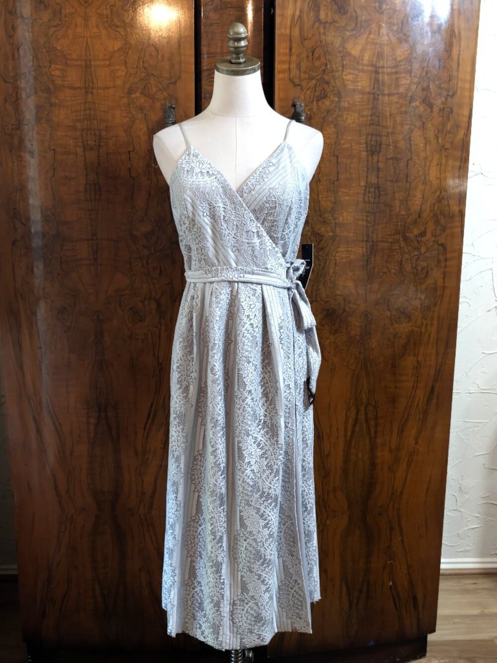 Lulus Lovely in Lace Maxi Wrap Dress L Dusty Blue Cottagecore Romantic Wedding